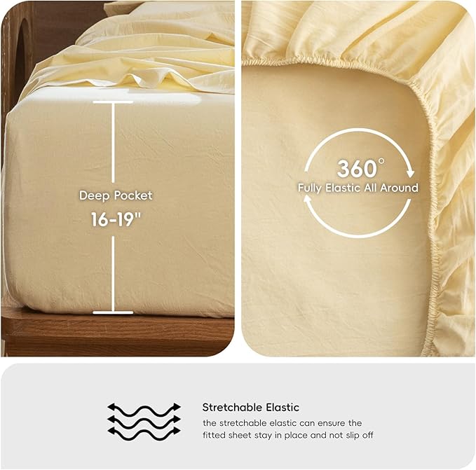 MooMee Fitted Bottom Sheet Only 100% Washed Cotton Linen Like Textured Breathable Durable Soft Comfy Deep Pocket Fits Mattress up to 17" (Heathered Butter Yellow, Twin)