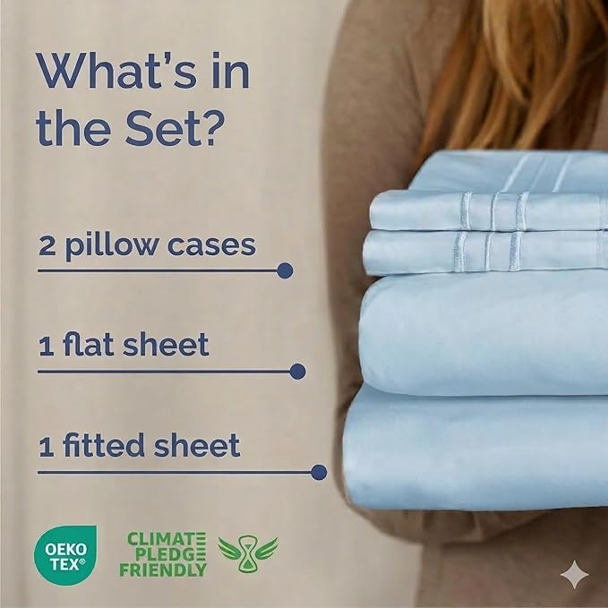 Cal King Size 4 Piece Sheet Set - Comfy Breathable & Cooling Bed Sheets Set - Hotel Luxury Bedding for Women, Men, Kids, Teens, Boys & Girls - Deep Pockets, Soft, Wrinkle Free - Oeko-Tex - Light Blue