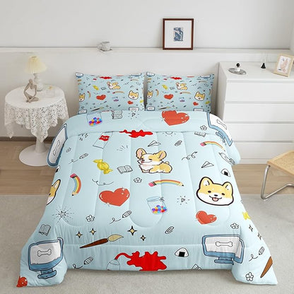 Cartoon Dog Boys Girls Comforter Set Full Size,Hippie Graffiti Painting Duvet Sets Teens Bedroom Decor,Kawaii Puppy Pet Theme Brushed Soft Bedding Comforter