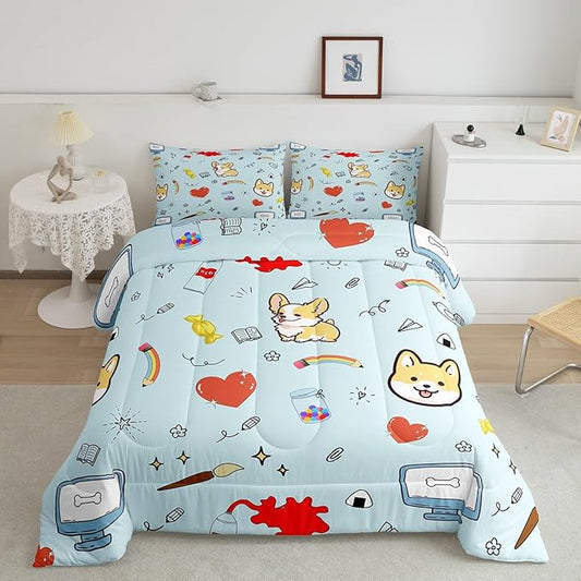 Castle Fairy Cartoon Dog Comforter King Size,Hippie Graffiti Painting Comforter Set Bedding Set for Kids Adults,Kawaii Puppy Pet Theme Duvet Set Ultra Soft Room Decor 3Pcs Quilt Set