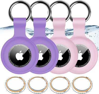 1|2|4Pack for Apple AirTag Holder with Keychain for Air Tag 2nd/1st Gen | Waterproof Air Tag Cover GPS Tracker Anti-Scratch Silicone Air-Tag Case for Kids,Luggages-Pink+Pink+Purple+Purple