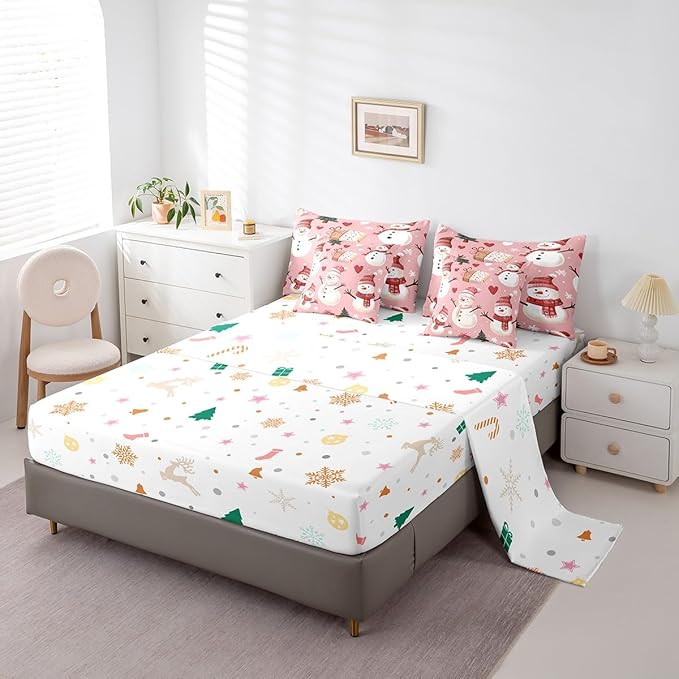 Cute Snowman Full Comforter Set with Sheets Bed in a Bag 7 Pcs,Christmas Trees Gifts Bed Set,Red Hearts Winter Snow Bedding Sets with Comforter,Flat,Fitted Sheet,Pillowcases,Pillow Covers