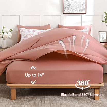 Luxudecor Floral King Comforter Set 7 Pieces Bed in a Bag, Pink Rose Romantic Flower Bed Set, Soft Reversible Comforter with Sheet Set 104"x90"