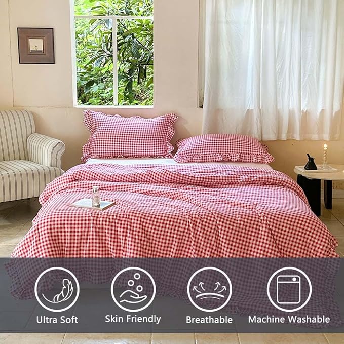 NSNLGSGC Red Ruffle Gingham Comforter Set King, Pre-Washed Ruffled Plaid Checked Comforter Bedding, 3 Pieces Vintage Farmhouse Grid Bedding Set(Red Gingham, King)