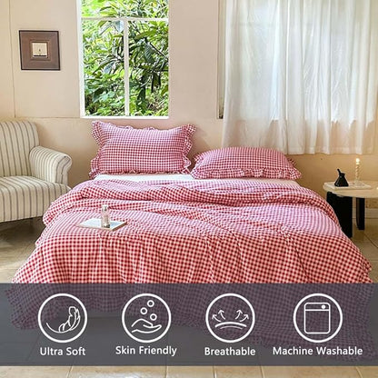 NSNLGSGC Red Ruffle Gingham Comforter Set King, Pre-Washed Ruffled Plaid Checked Comforter Bedding, 3 Pieces Vintage Farmhouse Grid Bedding Set(Red Gingham, King)