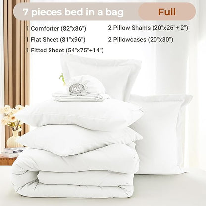 MUXHOMO 7 Pieces Full Comforter Set, Soft Bed in a Bag Full Size, All Season Bedding Set with Comforter, Flat Sheet, Fitted Sheet, Pillowcases & Shams, White