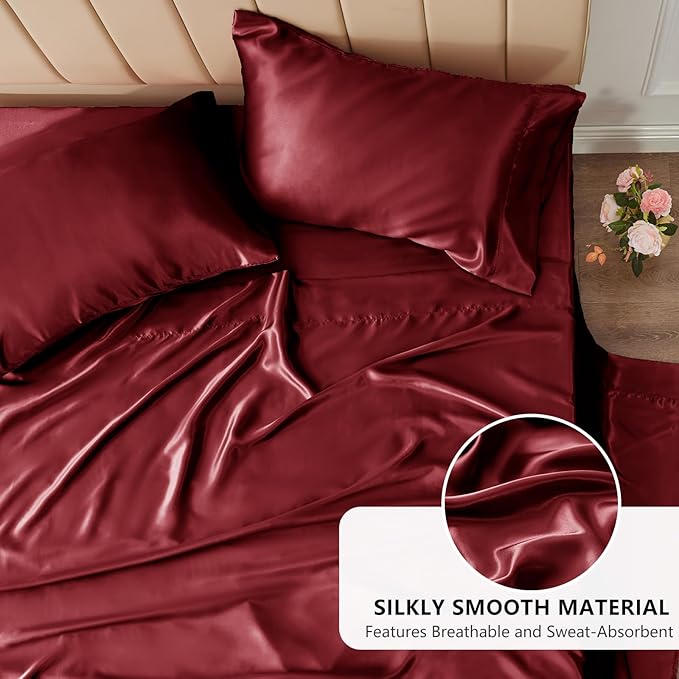 CozyLux Satin Sheets King Size Sheet Set - 4 Piece Silky King Sheets, Luxury Burgundy King Bed Set with Smooth and Soft Microfiber, Includes 1 Fitted Sheet, 1 Flat Sheet and 2 Pillowcases