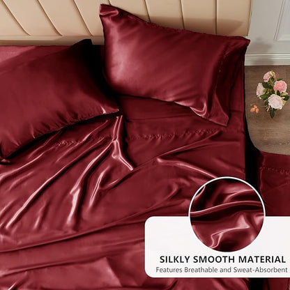 CozyLux Satin Sheets Twin Sheet Set - 3 Piece Silky Twin Bed Sheets, Luxury Burgundy Sheet Twin Size Bed Set with Smooth and Soft Microfiber, Includes 1 Fitted Sheet, 1 Flat Sheet and 1 Pillowcase