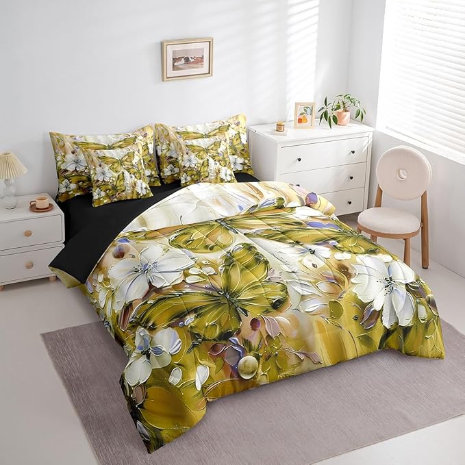 Floral Butterfly 7 Piece Bed In A Bag King,White Flowers Oil Painting Boho Bedding Set With Sheets Retro Aesthetics Yellow Butterfly Comforter Set For Girls Teen Women,Bohemian Animal Bed Set
