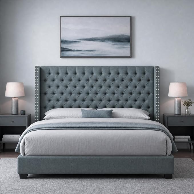 Madison Park King Wingback Upholstered Tufted Headboard, Featuring High-Density Sponge Padding, Adjustable Height Headboard, Easy Assembly, Dark Grey Woven