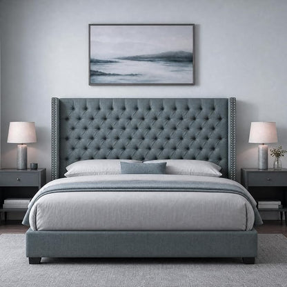 Madison Park King Wingback Upholstered Tufted Headboard, Featuring High-Density Sponge Padding, Adjustable Height Headboard, Easy Assembly, Dark Grey Woven