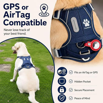 No Pull Dog Harness with Hidden AirTag Holder, Reflective Adjustable Vest Harness, Easy On-Off Design, Soft Breathable Mesh for Small Medium Large Dogs (Navy Blue, L)
