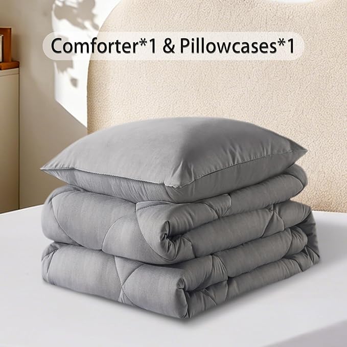 3-Piece Twin Comforter Set,All-Season,Soft & Hypoallergenic &Breathable Bedding,Polyester Quilted,Down Alternative(Comforter*1 & Pillowcases*1),Dark Gray