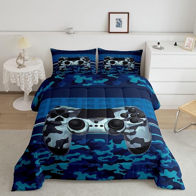 Feelyou Gamer Comforter Set Camouflage Gaming Video Game Bedding Set for Kids Boys Children Blue Camo Gamer Console Comforter Soft Gamepad Decor Quilt Set Queen Size