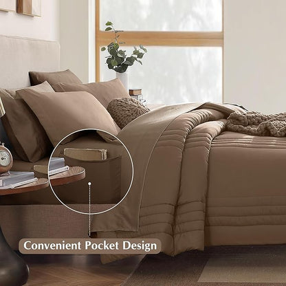 Monbix Queen Comforter Set - 7 Pieces Raw Umber Bed in a Bag Queen Bedding Sets with Comforters, All Seasons Comforter Bed Set with Sheets, Pillowcases & Shams