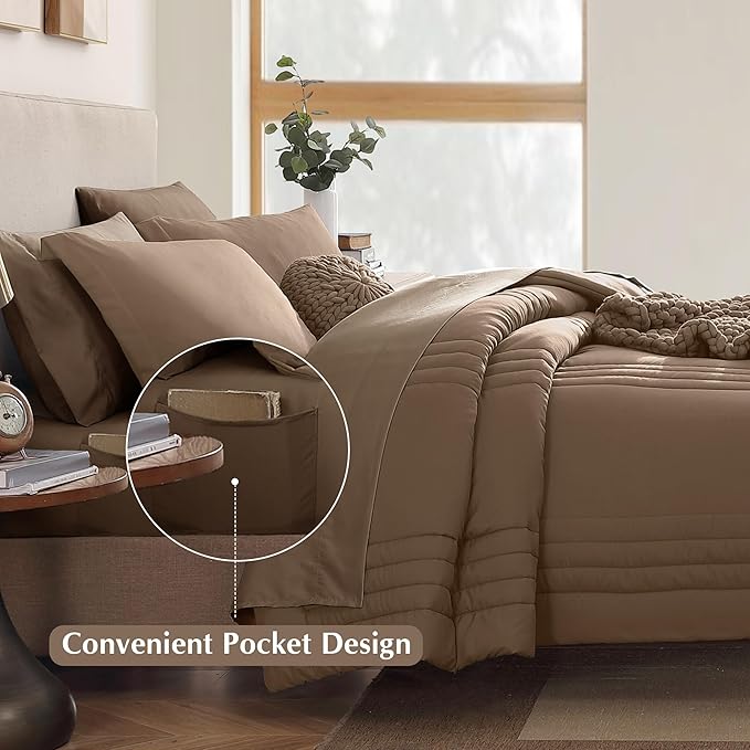 Monbix Super King Size Comforter Set - 7 Pieces Raw Umber Bed in a Bag Super King Bedding Sets with Comforters, All Seasons Comforter Bed Set with Sheets,Pillowcases & Shams
