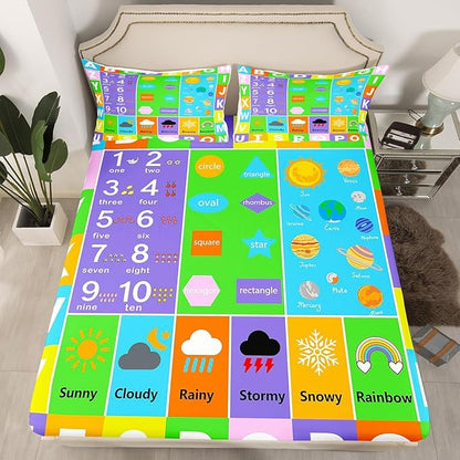 Alphabet Sheets Set King,Educational Weather Planets Number Decor Bedding Set for Youth Women Bedroom,Watercolor Patchwork Bed Set with Deep Pocket Fitted Sheet with 2 Pillow Case