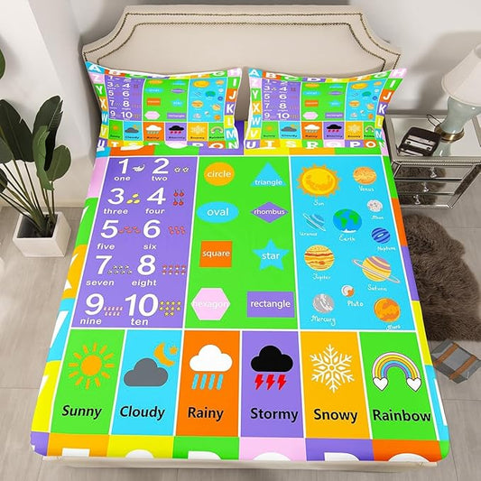 Alphabet Bed Sheet Queen Set,Educational Weather Planets Number Sheets Sets Boys Girls Bedroom Decor,Watercolor Patchwork Bedding Set with Flat,Fitted Sheet,2 Pillow Cases