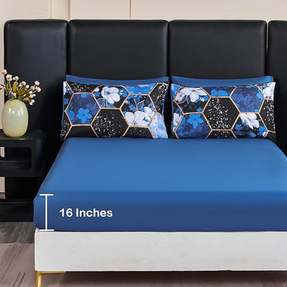 ANGIYUIN 7Pcs Blue Marble King Comforter Sets Floral Bedding Sets Gold Honeycomb Bed in A Bag with Sheets Soft Microfiber Bed Sets for Women Men