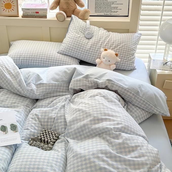 Nayoroom Blue Gingham Duvet Cover Full Size Reversible Plaid Checkered Duvet Cover 3 Pieces Soft Breathable Washed Microfiber Girls Dorm Bedding Set for All Season