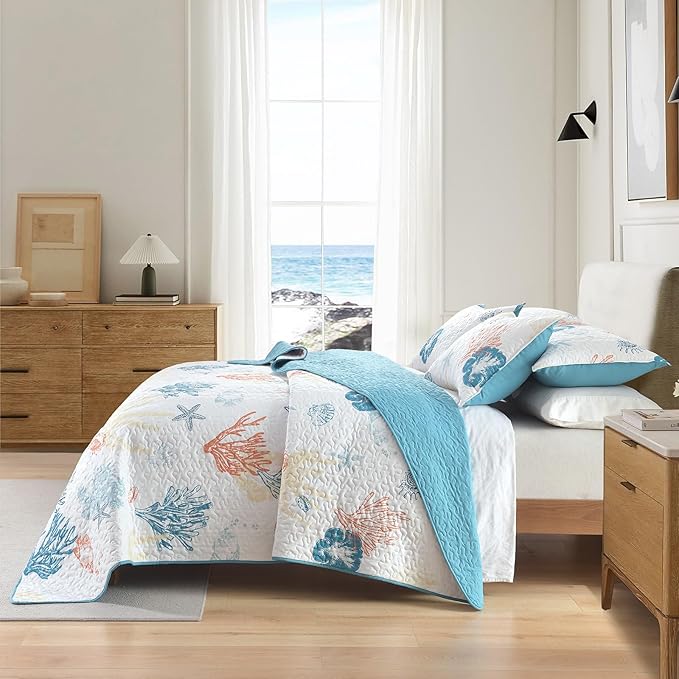 HORIMOTE HOME Coastal Quilt Bedding Set King Size, Reversible Summer Beach Quilt Lightweight Ocean Nautical Comforter Tropical Bedspread Coverlet with 2 Pillow Shams for All Seasons (106"x96")