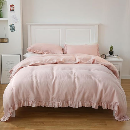 Simple&Opulence 100% Linen Duvet Cover Set, 3 PCS Natural French Flax Blush Pink Ruffle Duvet Cover Queen Size, Breathable Comfy Linen Bedding Comforter Cover with 2 Pillowcases(Blush Pink, 88" X 92")