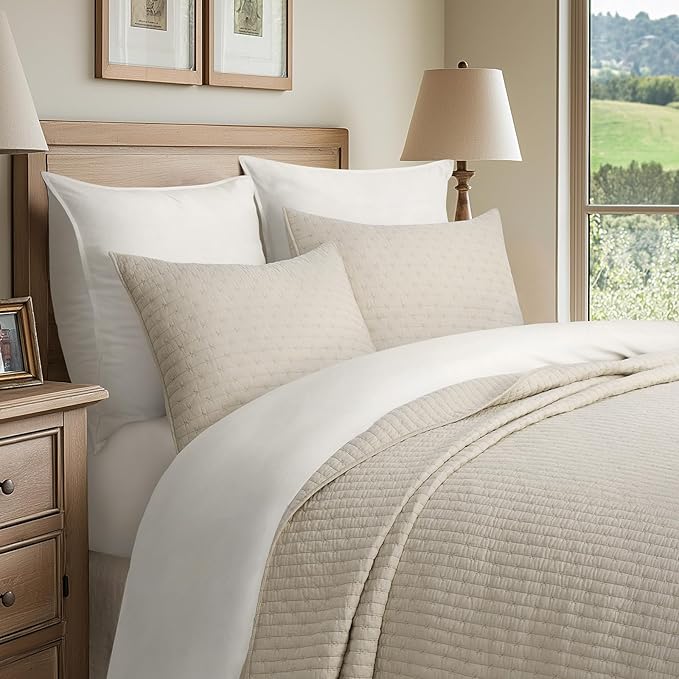 EVERGRACEHOME Cross Stitch Pre-Washed Cotton Quilt Bedding Set King Size, Oversized 3 Pieces Lightweight Bedspread Coverlet for All Season, with 2 Matching Shams, Flax Beige,118"x106"