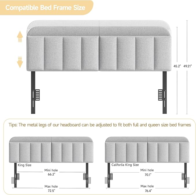 Adjustable Headboard for King/California King Size Bed Frame, Linen Fabric Bed Headboard with Storage & RGB LED Light in Modern Vertical Channel Design, Light Grey