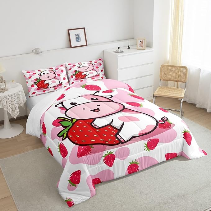 Feelyou Milk Cow Comforter Pink White Cow Strawberry Pattern Comforter Set Bedding Set for Kids Adults Kawaii Girls Milk Cow Print Duvet Set Ultra Soft Room Decor Twin Size Quilt Set