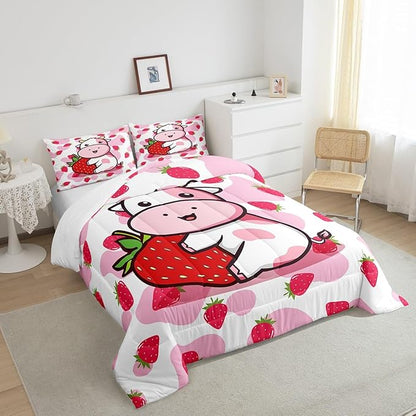 Feelyou Milk Cow Comforter Pink White Cow Strawberry Pattern Comforter Set Bedding Set for Kids Adults Kawaii Girls Milk Cow Print Duvet Set Ultra Soft Room Decor Twin Size Quilt Set