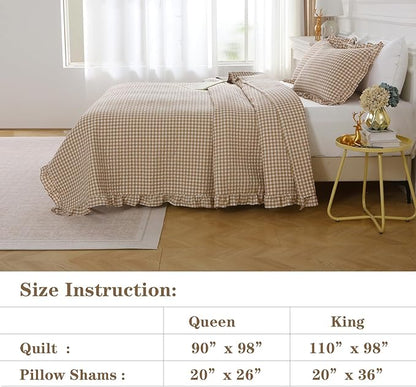 Taupe White Ruffle Gingham Quilt Set Queen Size with Pillow Shams, 100% Washed Cotton Yarn-Dyed Quilted Bedspread Bedding Set (Taupe, Queen)