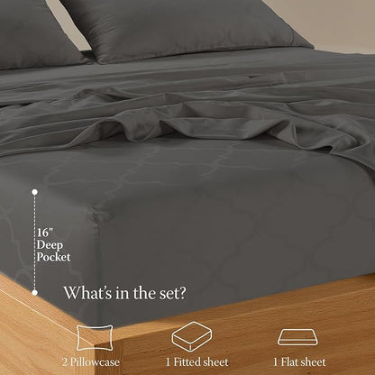 Threadmill Cotton Full Size Sheet Set | 100% Cotton Sheets for Full Size Bed | Damask Jacquard Full Bed Sheets Set with 16” Deep Pocket | Soft Sateen Weave 4-Piece Cooling Bedding Set | Dark Grey
