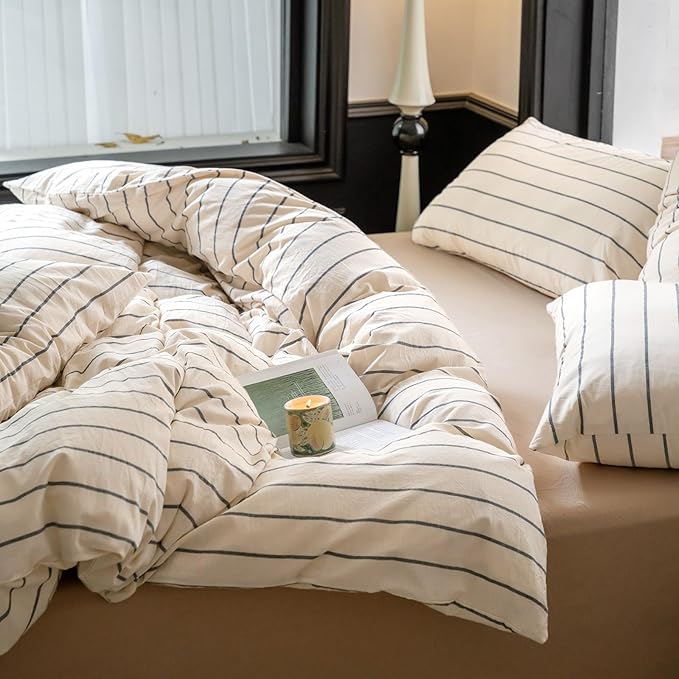 LifeTB Striped Duvet Cover Set Queen 100% Washed Cotton Beige Duvet Cover with Grey Stripes Pattern Printed Comforter Cover 3 Pieces Striped Bedding Queen Comforter Cover with Zipper Closure