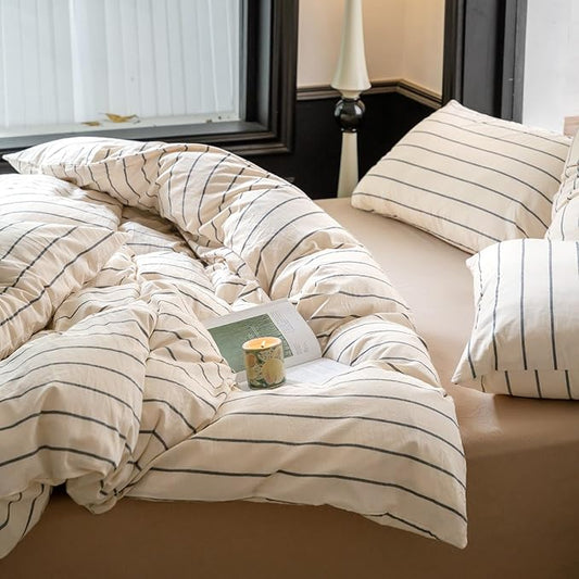 LifeTB Striped Comforter Set Full Size Grey Stripes Pattern Printed Comforter 3 Pieces Lightweight Boho Bedding Comforter Set for All Seasons Breathable Soft Fluffy Beige Comforter with 2 Pillowcases