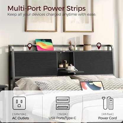 MAHANCRIS Headboard King Size with 2 Power Strips and Flip Door Storage | Industrial King Headboard with Adjustable Bed Frame Adapters, 95° Backrest, Easy Assembly, Sturdy Construction, Black