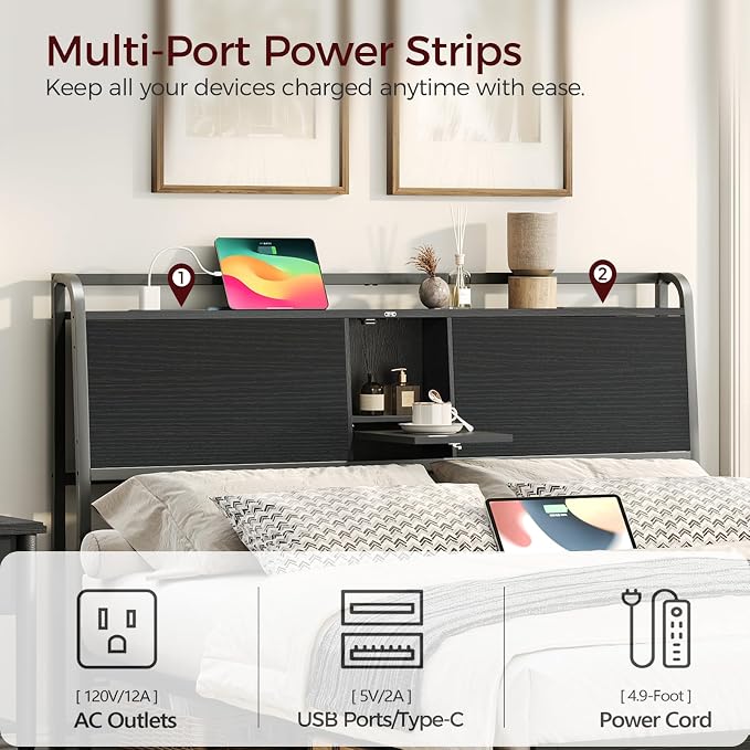 MAHANCRIS Headboard Queen Size with 2 Power Strips and Flip Door Storage | Industrial Queen Headboard with Adjustable Bed Frame Adapters, 95° Backrest, Easy Assembly, Sturdy Construction, Black