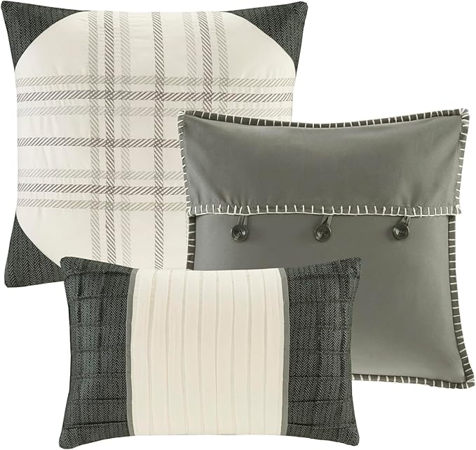Madison Park Ridge Comforter Set - Cabin Lodge Plaid Herringbone Design, All Season Down Alternative Cozy Bedding with Matching Bedskirt, Shams, Decorative Pillow, Grey King(104"x92") 7 Piece
