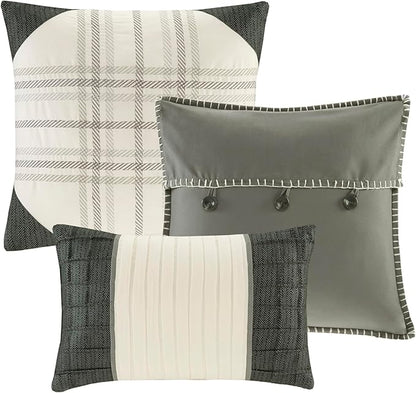 Madison Park Ridge Comforter Set - Cabin Lodge Plaid Herringbone Design, All Season Down Alternative Cozy Bedding with Matching Bedskirt, Shams, Decorative Pillow, Grey King(104"x92") 7 Piece