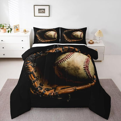 Erosebridal Baseball Comforter Set Full Size Sports Game Bedding Baseball Player Duvet Insert for Kids Boys Teens Retro Style Quilt for Room Dorm Decorative, Brown Down Comforter