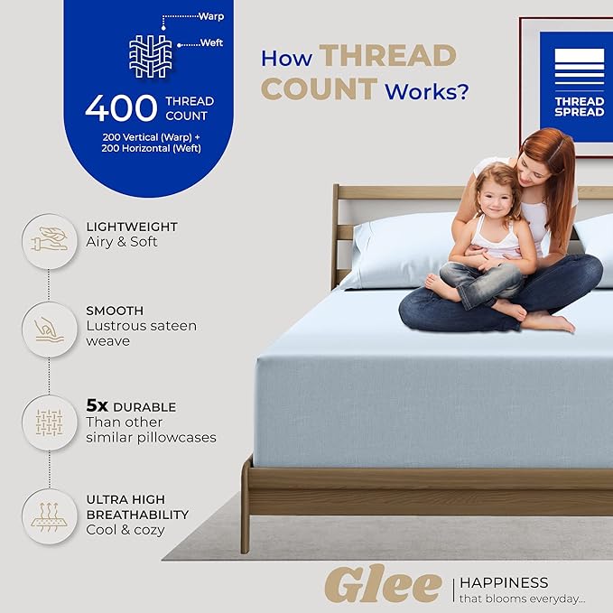 THREAD SPREAD 100% Cotton Pillow Cases Queen Size Set of 2 - Luxury 400 Thread Count Queen Pillow Cases (Light Blue), Soft Cooling Breathable Hotel Quality Cotton Pillowcases, Fits Standard Pillows
