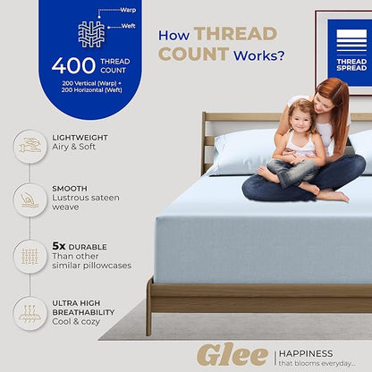 THREAD SPREAD 100% Cotton King Size Pillow Cases Set of 2 - Luxury 400 Thread Count Pillow Cases King Size (Light Blue), Soft Cooling Breathable & Durable Sateen Weave Hotel Quality Cotton Pillowcases