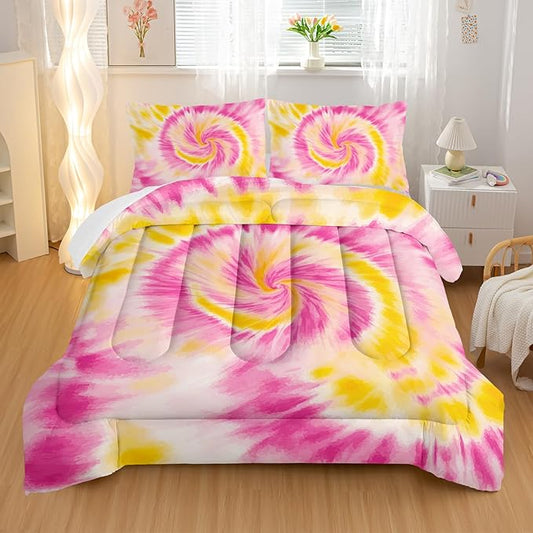 Pink Tie-dye Comforter Sets Twin Size,Abstract Modern Art Bedding Set for Your Room,Graffiti Soft Lightweight Quilted Set All Season 1 Comforter and 2 Pillowcases