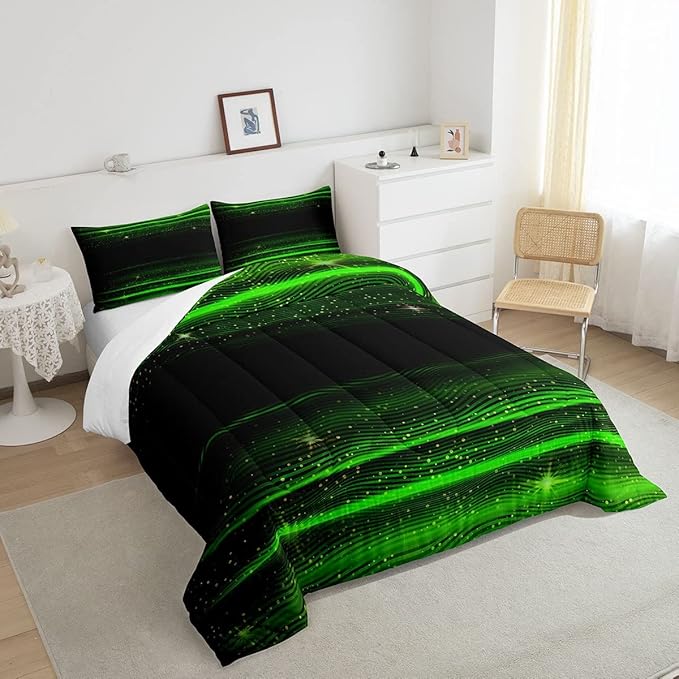 Ombre Stripes Bedding Set King Black Green Outer Space Comforter Modern Gradient Geometric Down Comforter for Kids Boys Girls Teens Adult Soft Quilt Warm Lightweight with 2 Pillowcases Bedroom Decor