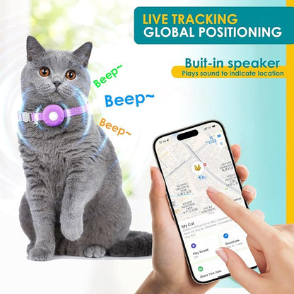 GPS Tracker for Cats, Cat GPS Tracker Compatible with Apple Find My App (Only iOS), No Monthly Fee Cat Tracker, Waterproof (White Tracker, Purple Cat Collar)