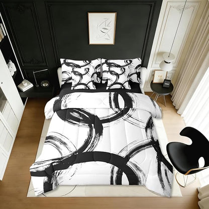 Erosebridal Black and White 7 Pcs Comforter Set King Abstract Line Minimalist Ink Painting Bedding Set for Kids Boys Girls Simple Graffiti Art Modern Geometric Sheet Set Boho Cool Unique Mens Quilt