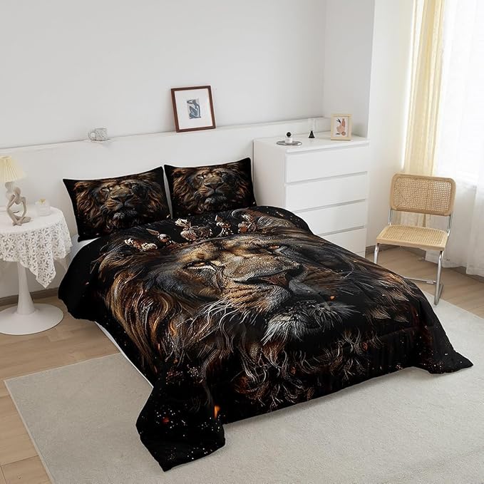 Castle Fairy 3D Lion Comforter Set King Size Wild African Animal Bedding Set Bedroom Decor Golden Glitter Crown Quilt Set Comfortable Breathable Luxury Black Duvet Insert with 2 Pillowcases,3 Pcs
