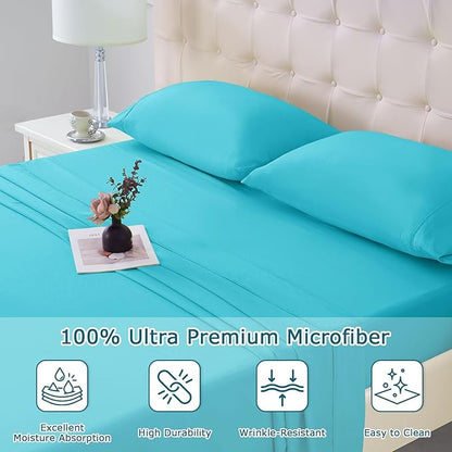 Twin Size Bed Sheet Set - 3 Piece Soft Microfiber Sheets with Deep Pockets, Cooling Technology, and Wrinkle-Free Pillowcase. Hotel-Quality, Durable Bedding, Capri Blue