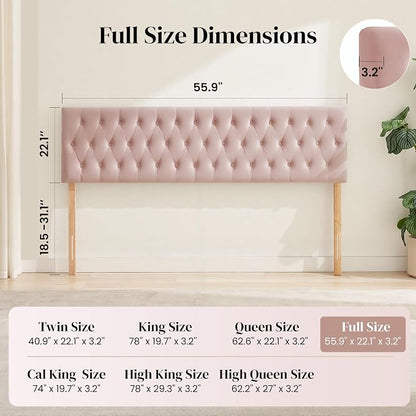 Tufted Upholstered Full Size Bed Headboard in Modern Button Design, Adjustable Solid Wood Head Board, Premium Velvet Fabric Padded Headboards in Bedroom (Pink)
