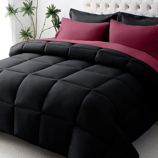 JOLLYVOGUE Twin Comforter Set, Ultra-Soft Bed in a Bag Twin Size 5 Pieces, Oeko-TEX Certified Bedding Set with Down Alternative Comforter, Sheets, Pillowcases & Shams, Burgundy & Black