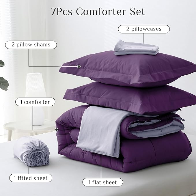 JOLLYVOGUE Queen Comforter Set, Ultra-Soft Bed in a Bag Queen Size 7 Pieces, Oeko-TEX Certified Bedding Set with Down Alternative Comforter, Sheets, Pillowcases & Shams, Purple & Lavender